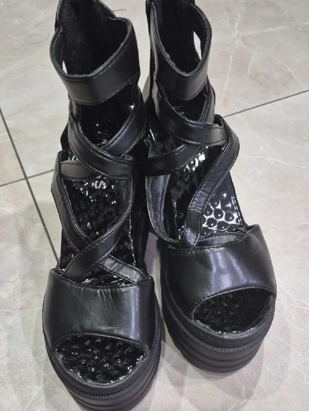 Black Strappy Platform Wedge Sandals with Back Zip - Women